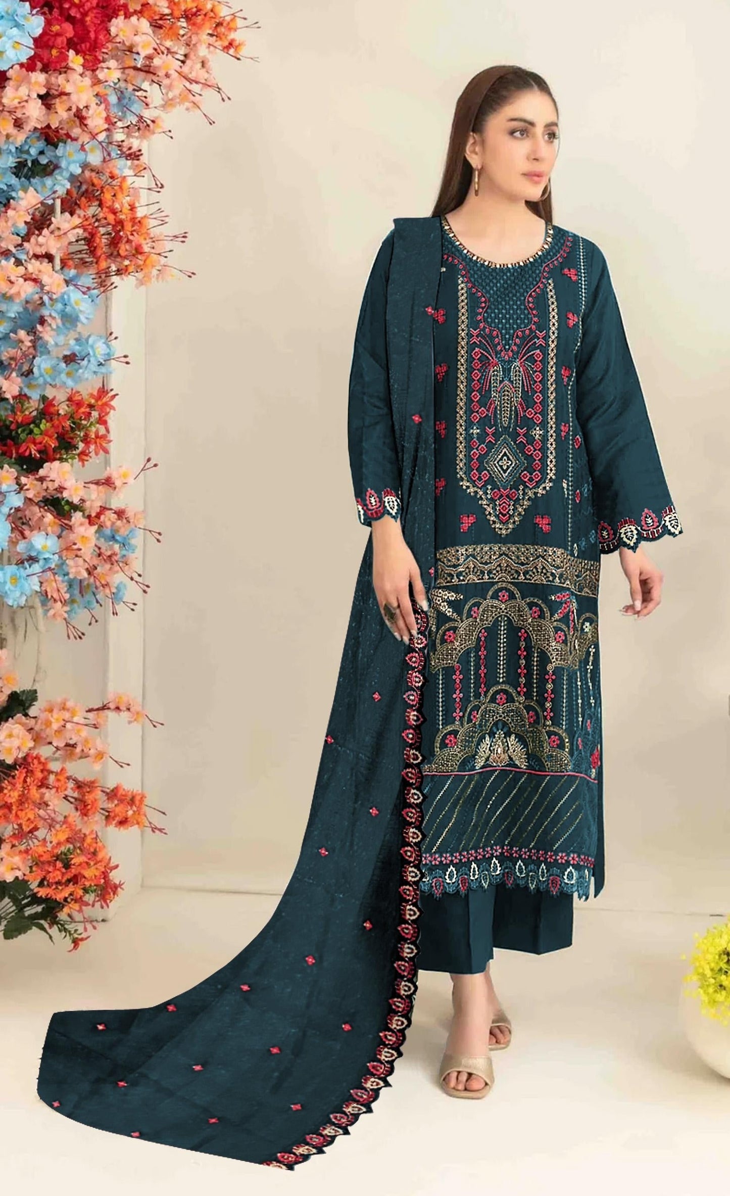 Anaita Teal Silk Suit with Embroidered & Sequence Work