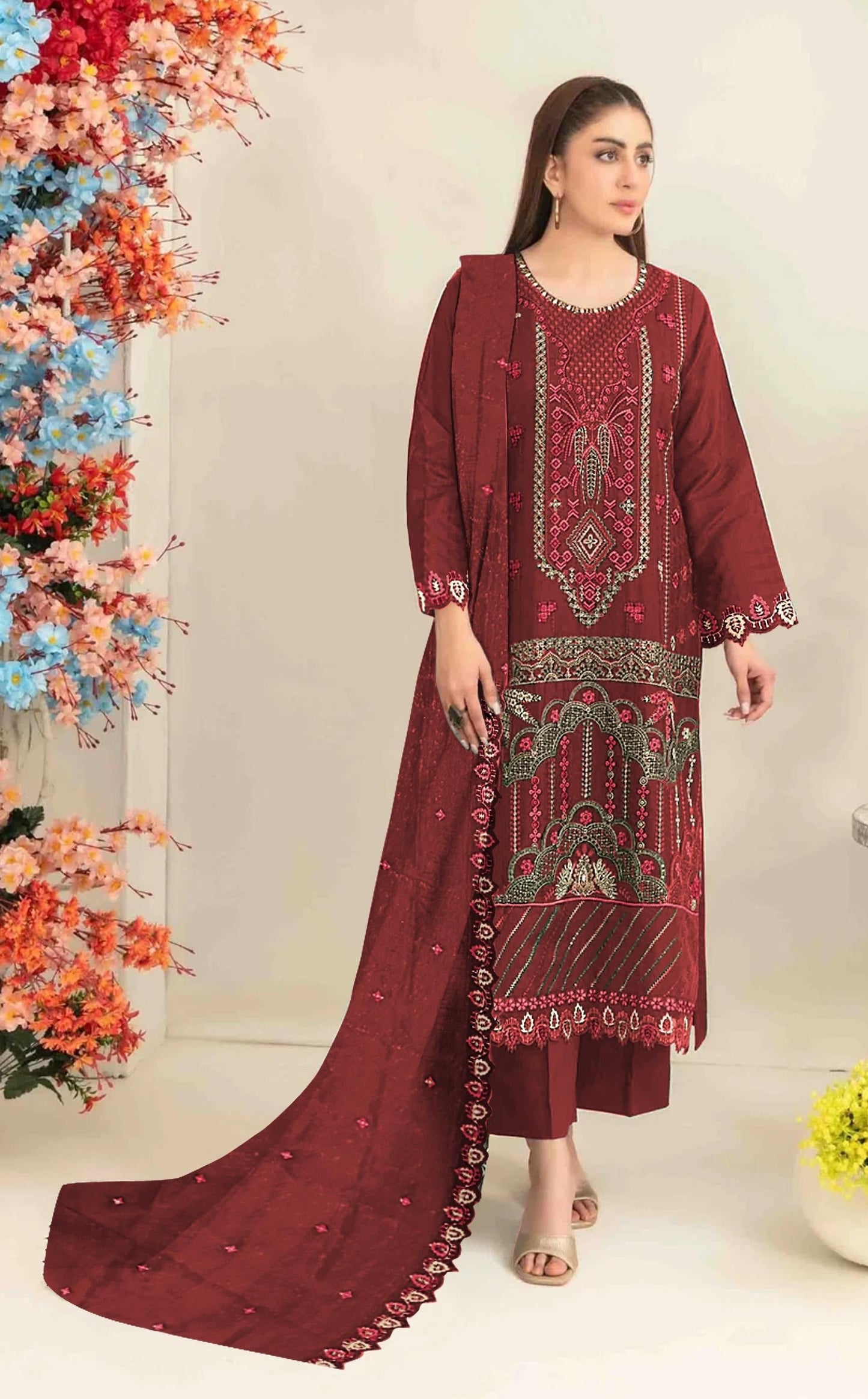 Anaita Maroon Silk Suit with Embroidered & Sequence Work