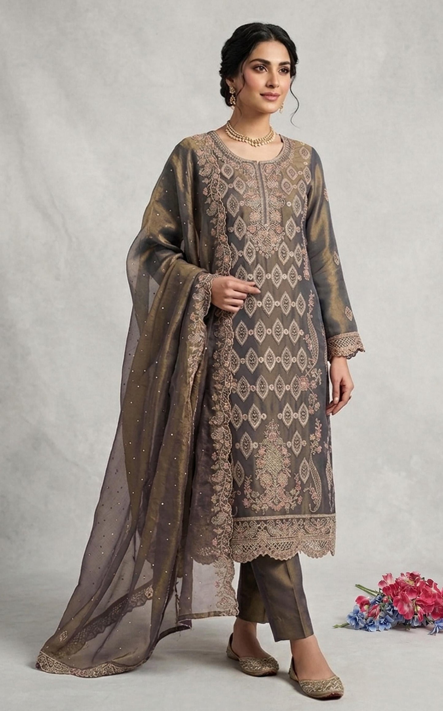 Anaita D Green Silk Suit with Embroidery & Sequence Work