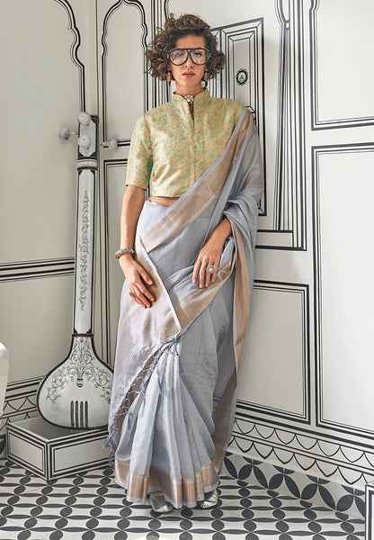 Monjolika Fashion Chiffon Grey Weaving Traditional Saree