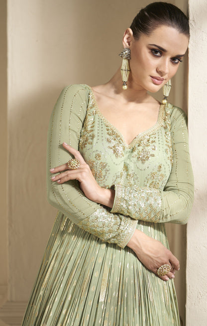 Anaita Mehendi Embroidered Viscose Jacquard Anarkali Suit