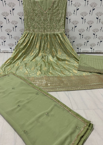 Anaita Mehendi Embroidered Viscose Jacquard Anarkali Suit