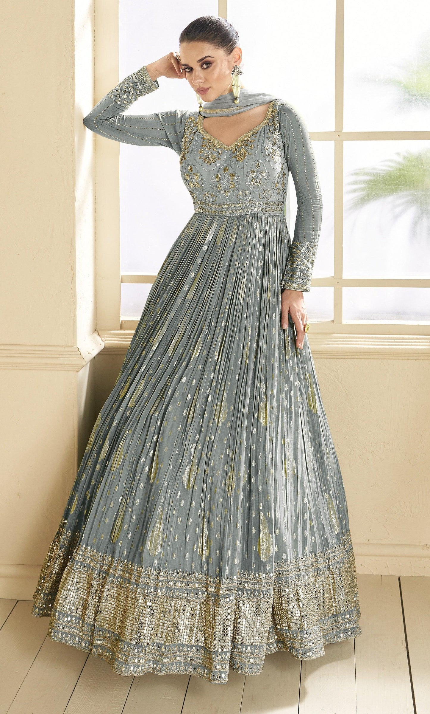 Anaita Grey Embroidered Viscose Jacquard Anarkali Suit