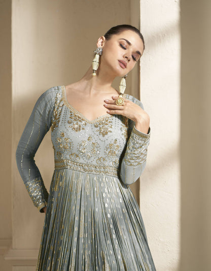 Anaita Grey Embroidered Viscose Jacquard Anarkali Suit