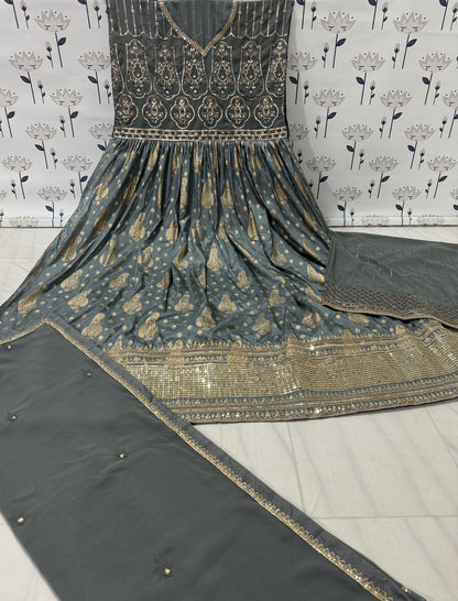Anaita Grey Embroidered Viscose Jacquard Anarkali Suit