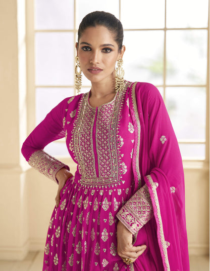 Anaita Pink Embroidered Viscose Jacquard Anarkali Suit