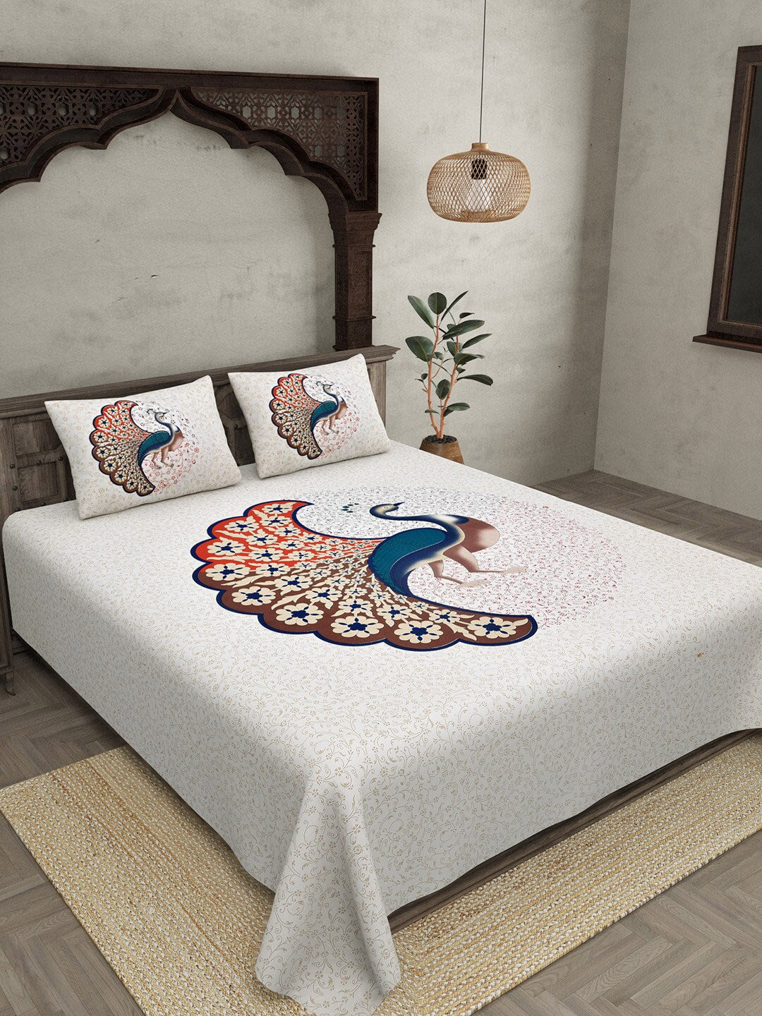 JAIPUR FABRIC Off White & Red Printed 240 TC Cotton King Bedsheet with 2 Pillow Covers