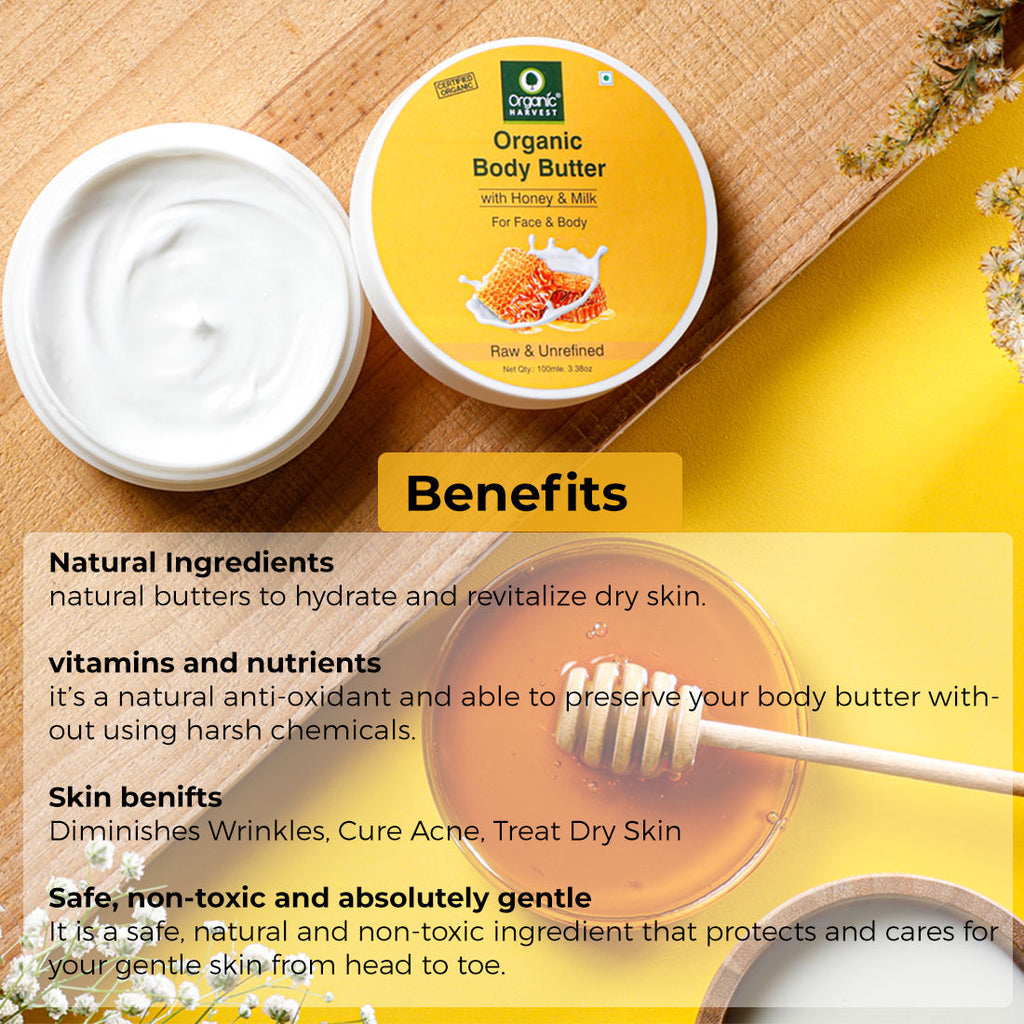 Organic Harvest Organic Body Butter Cream With Honey & Milk For Face And Body - 100 gms