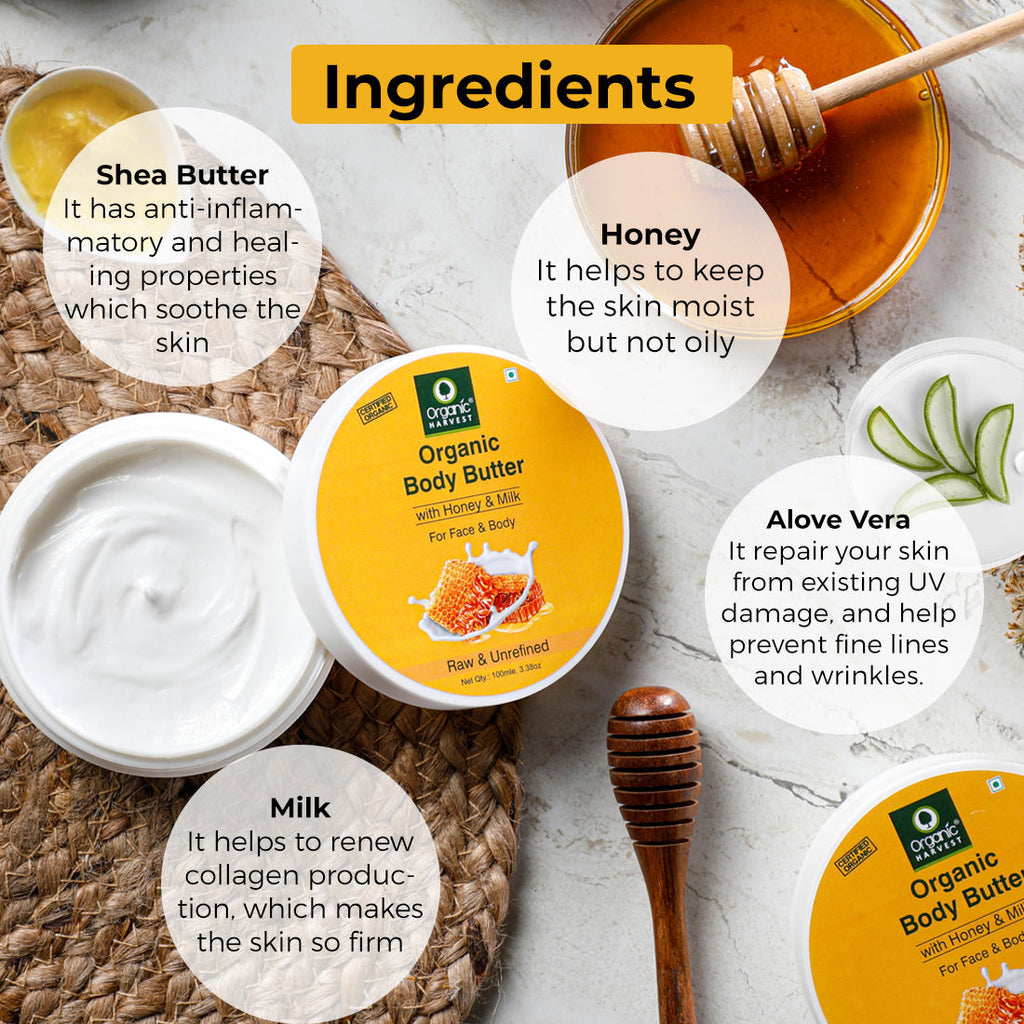 Organic Harvest Organic Body Butter Cream With Honey & Milk For Face And Body - 100 gms