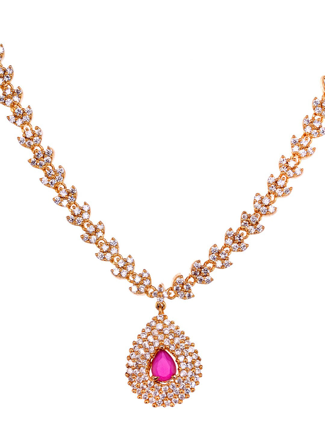 Saraf RS Jewellery Gold-Polished White & Red American Diamond Studded & Beaded Handcrafted Jewellery Set