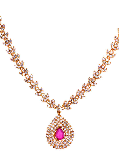 Saraf RS Jewellery Gold-Polished White & Red American Diamond Studded & Beaded Handcrafted Jewellery Set