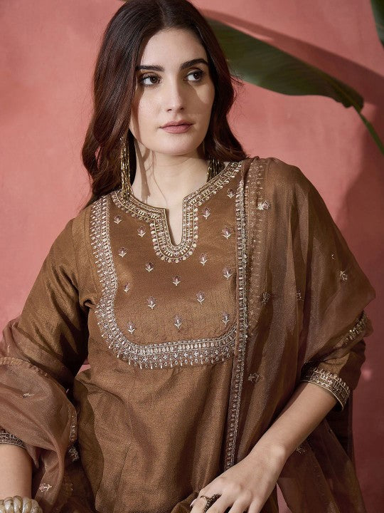 Sangria Floral Embroidered Sequinned A-Line Kurta With Trousers & Dupatta
