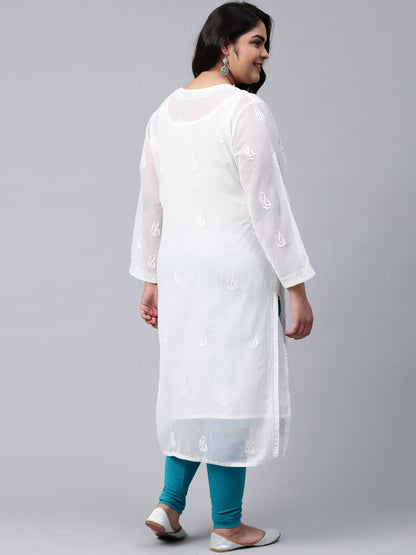 ADA Women Plus Size White Ethnic Motifs Chikankari Embroidered Georgette Handloom Kurta With Slip