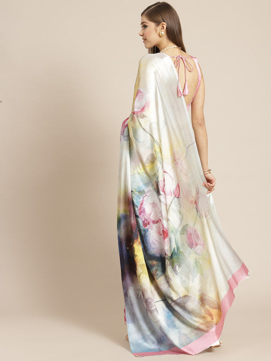Tikhi Imli White & Pink Digital Floral Print Saree