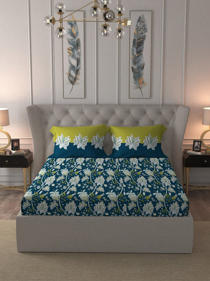 MYTRIDENT Blue White Floral Cotton 144 TC Queen Bedsheet With 2 Pillow Covers