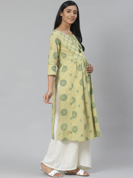 Anayna Women Green Printed Straight Pure Cotton Feeding Maternity Kurta