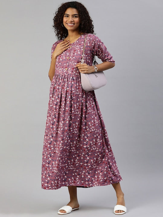 MomToBe Mauve Floral Printed Maternity Nursing Maxi Dress
