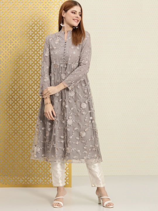 House of Pataudi Women Embroidered Thread Work Floral Anarkali Jashn Kurta