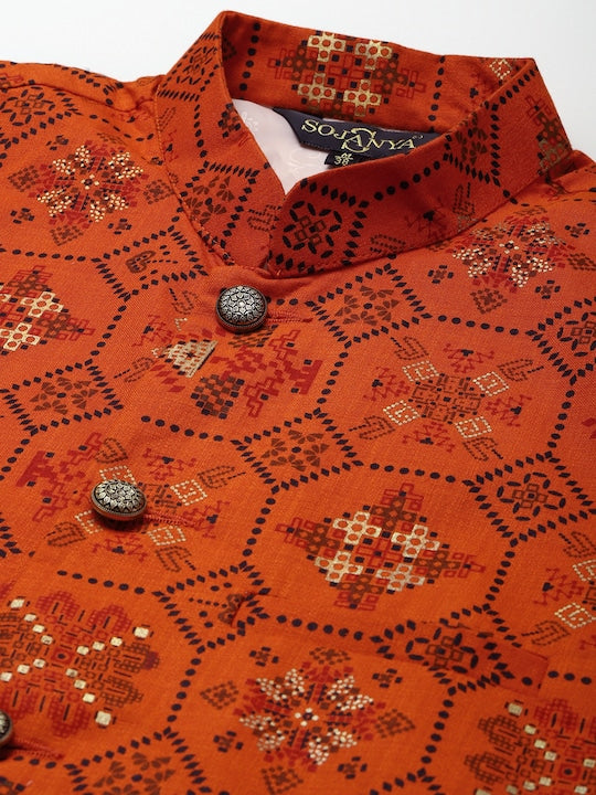 Sojanya Men Orange Ethnic Motifs Printed Nehru Jacket