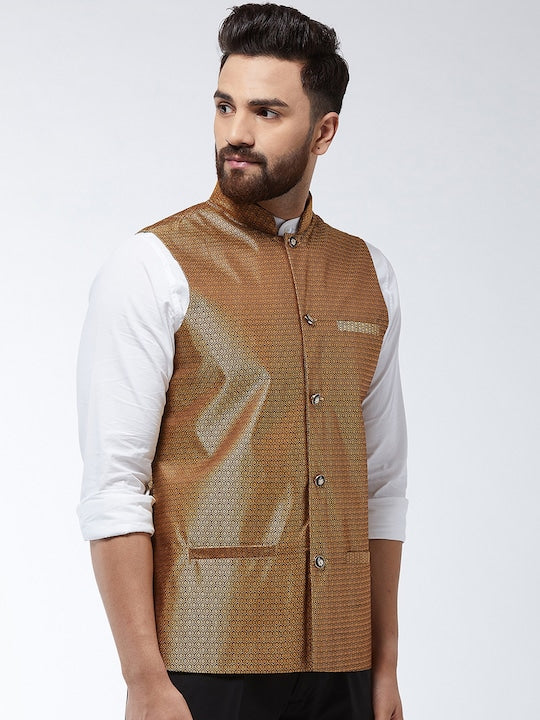 Sojanya Men Copper Coloured Woven Design Nehru Jacket