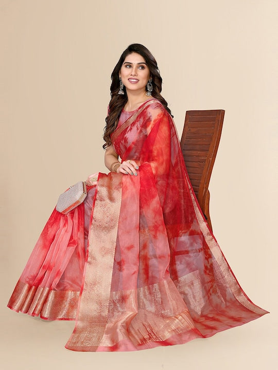 Fabmora Tie and Dye Dyed Zari Organza Saree