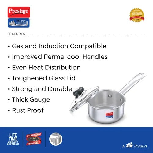 Prestige Tri-Ply Splendor Stainless Steel Sauce Pan with Glass Lid
