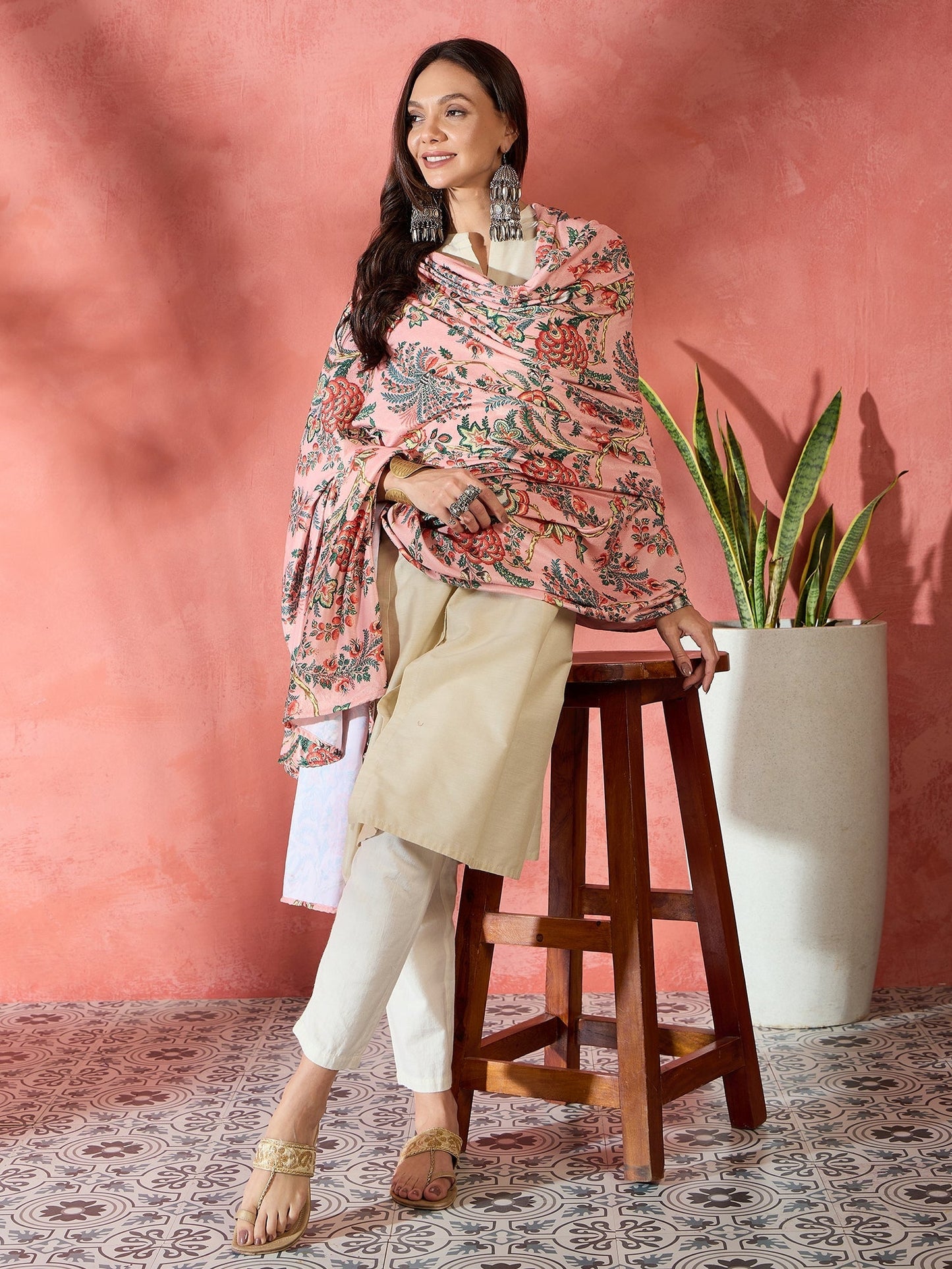 InWeave Peach Printed Velvet Shawl