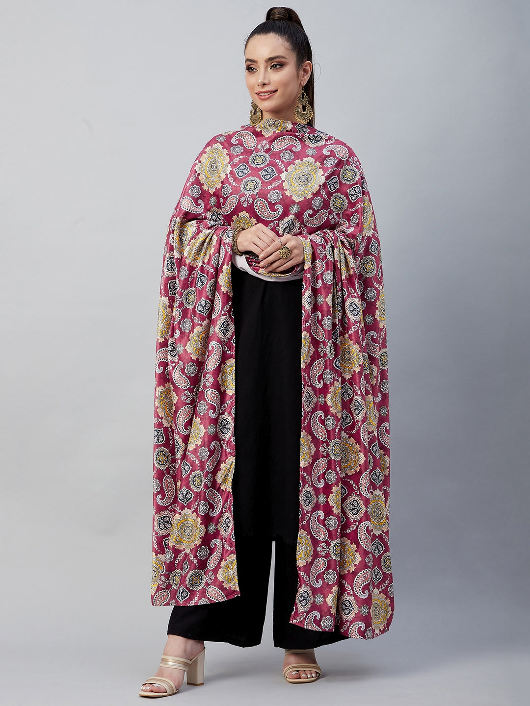 InWeave Red Printed Velvet Shawl