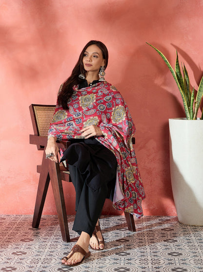 InWeave Red Printed Velvet Shawl