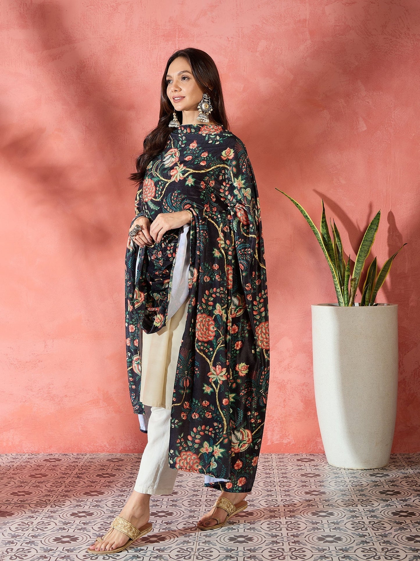 InWeave Black Printed Velvet Shawl