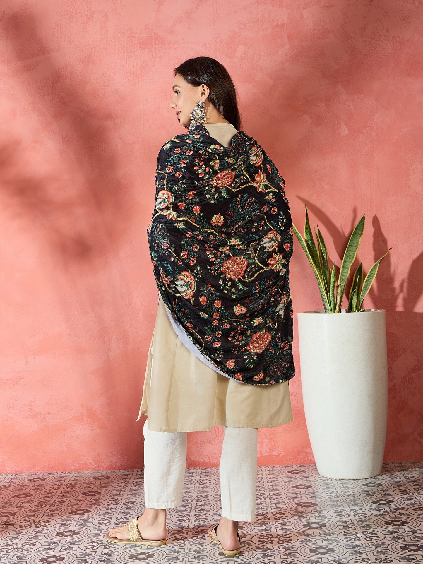 InWeave Black Printed Velvet Shawl
