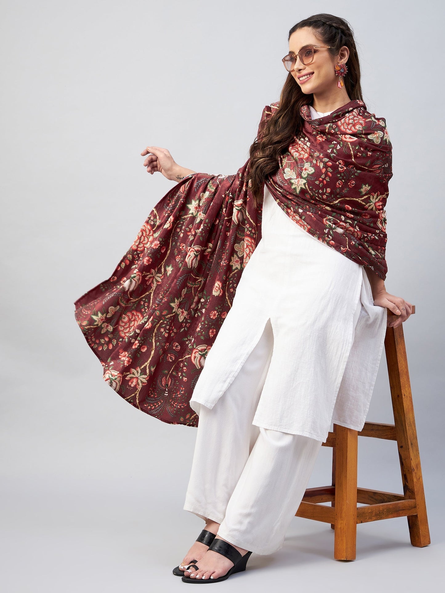 InWeave Maroon Printed Velvet Shawl