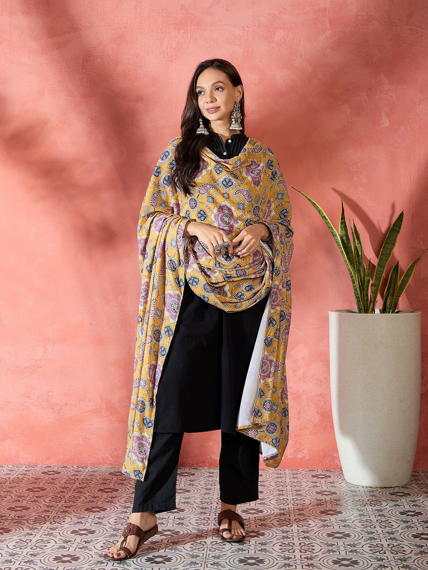 InWeave Yellow Printed Velvet Shawl