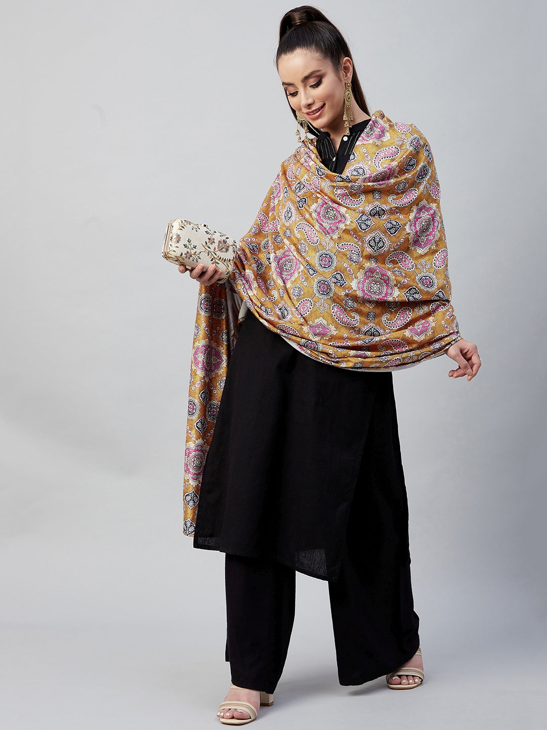 InWeave Yellow Printed Velvet Shawl