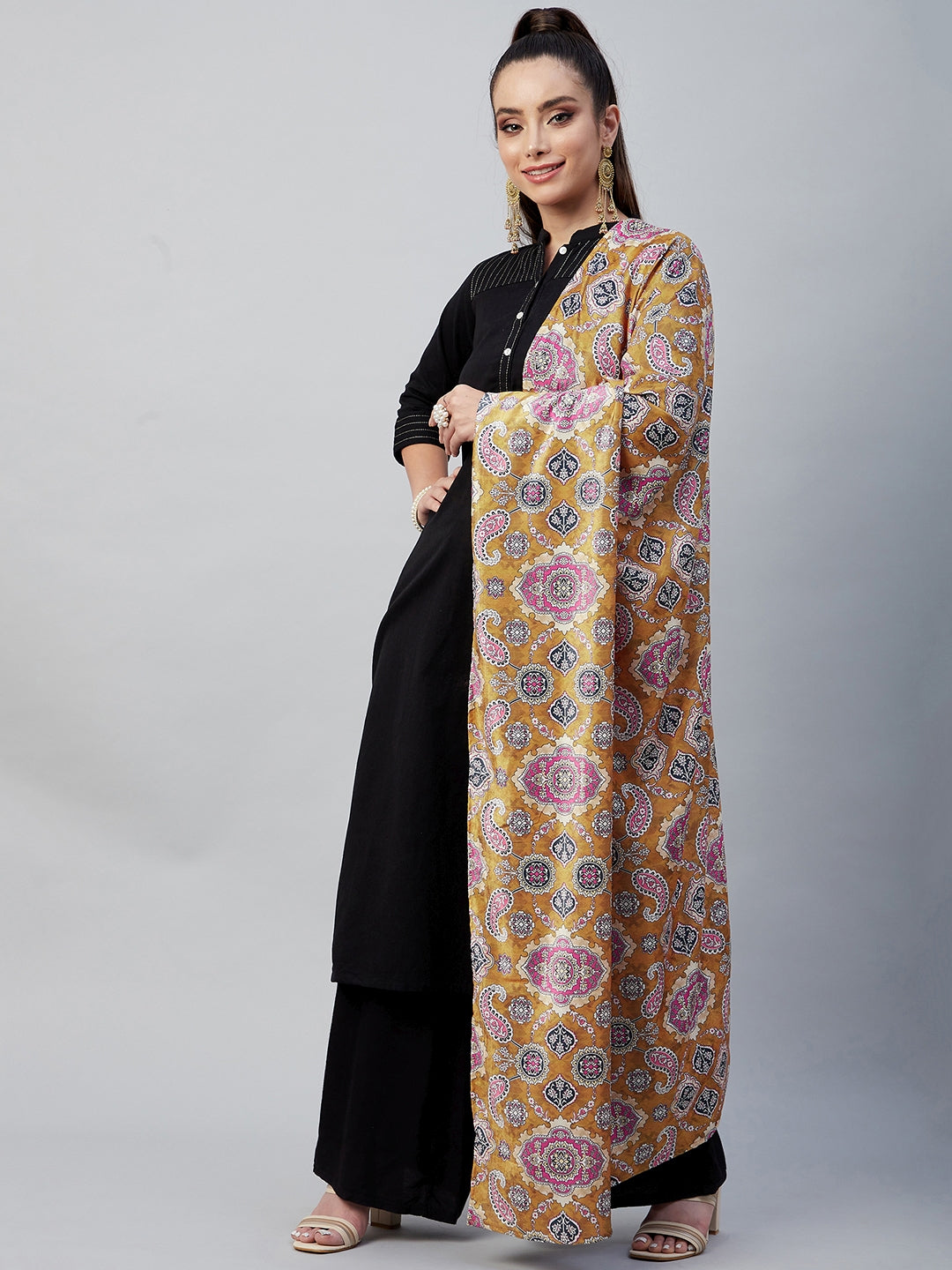 InWeave Yellow Printed Velvet Shawl