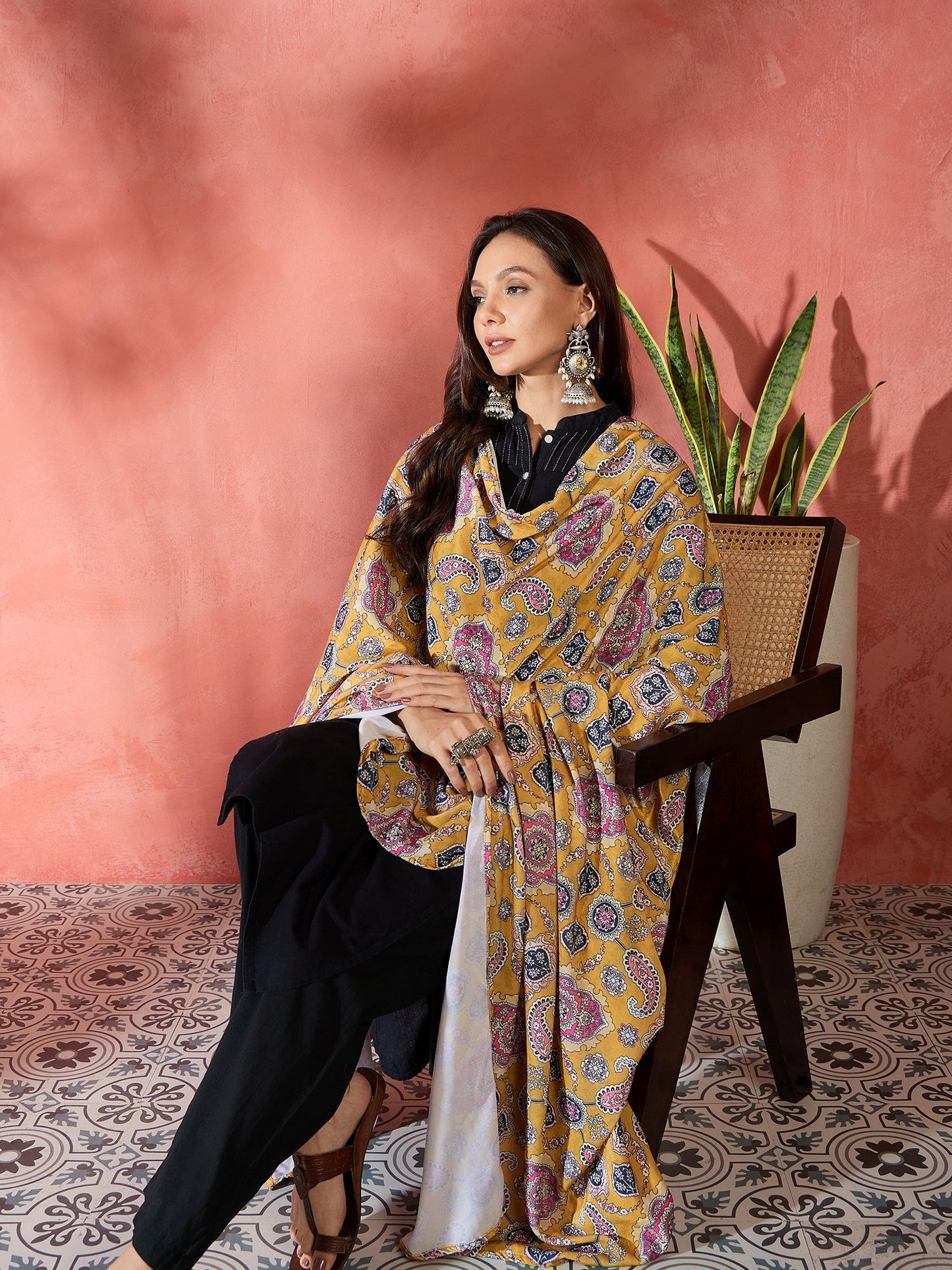 InWeave Yellow Printed Velvet Shawl