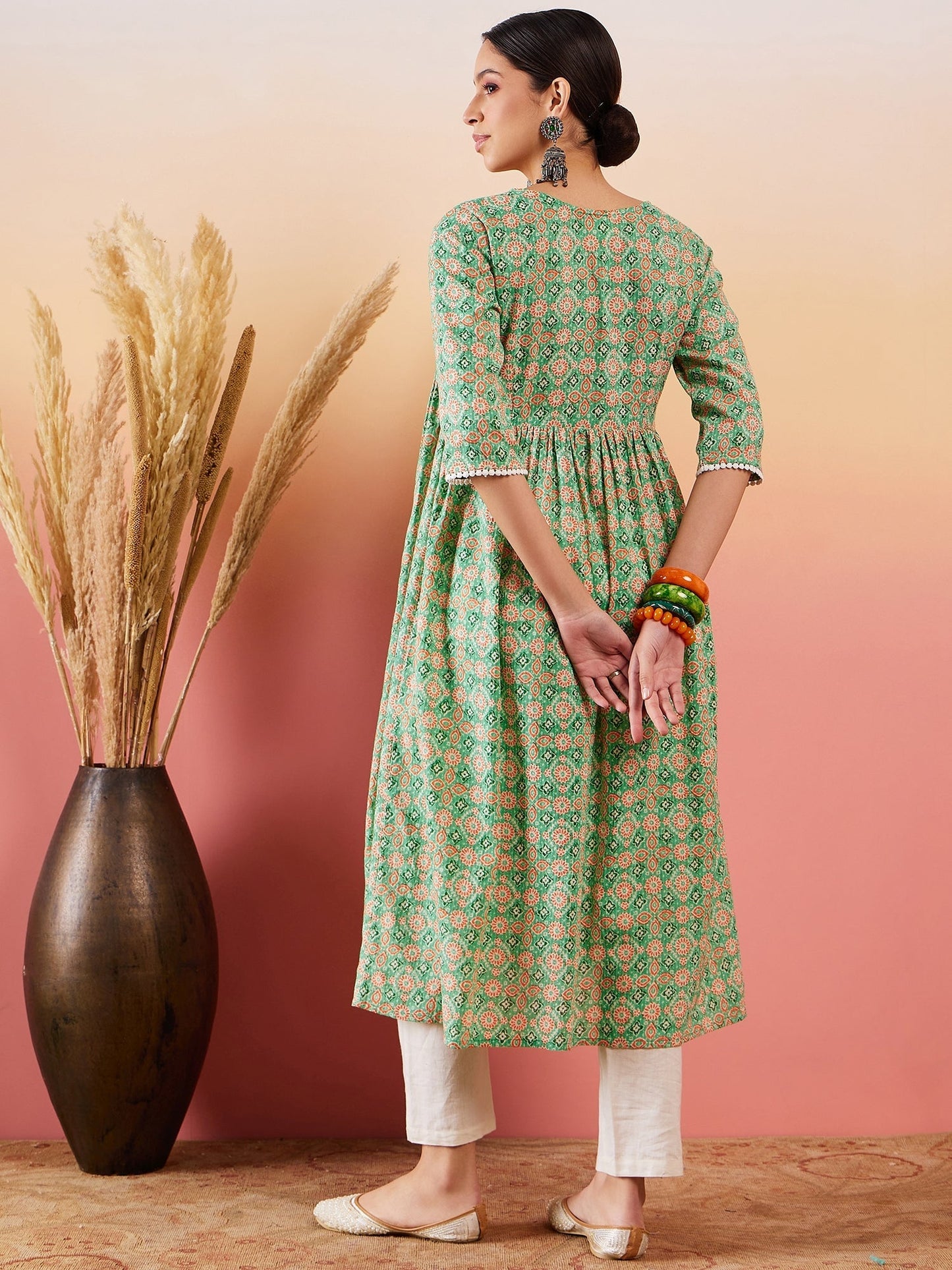 InWeave Cool Green Kantha Print Angrakha V Neck Lace Dress