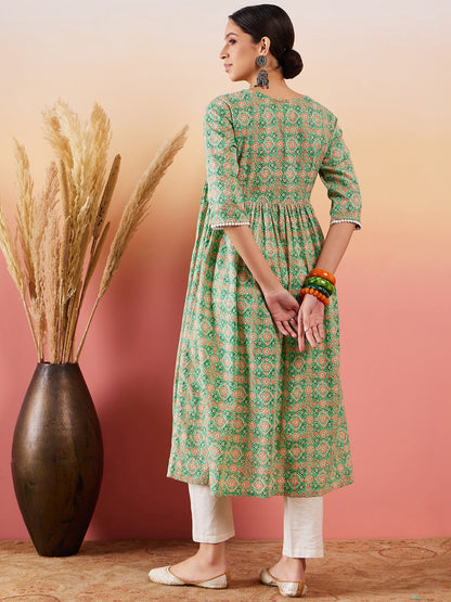 InWeave Cool Green Kantha Print Angrakha V Neck Lace Dress
