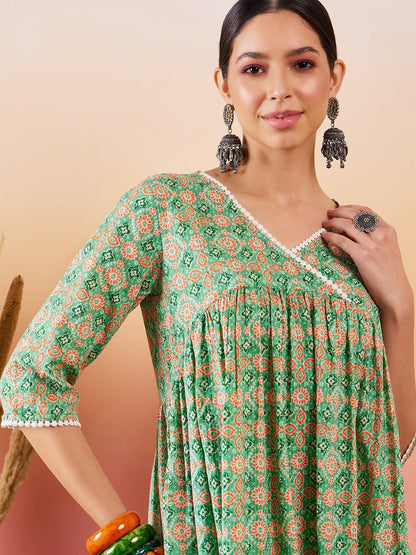 InWeave Cool Green Kantha Print Angrakha V Neck Lace Dress