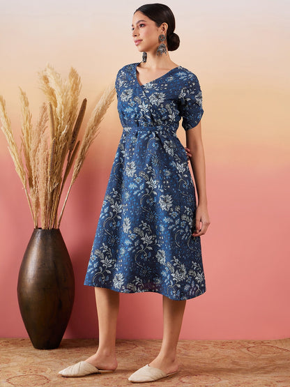 InWeave Indigo Floral Print Angrakha V Neck Belted A Line Dress