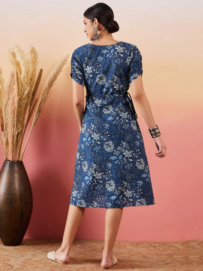 InWeave Indigo Floral Print Angrakha V Neck Belted A Line Dress