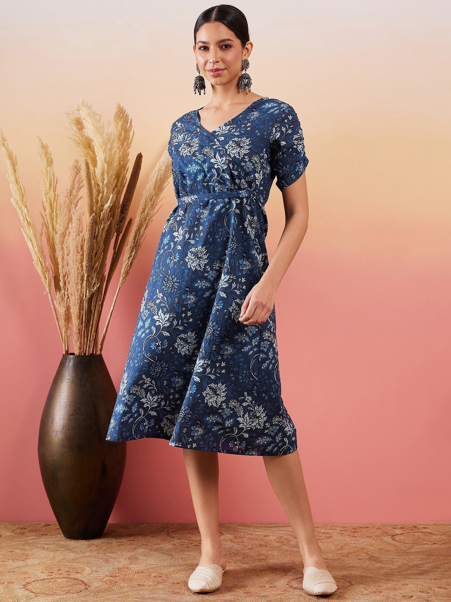 InWeave Indigo Floral Print Angrakha V Neck Belted A Line Dress