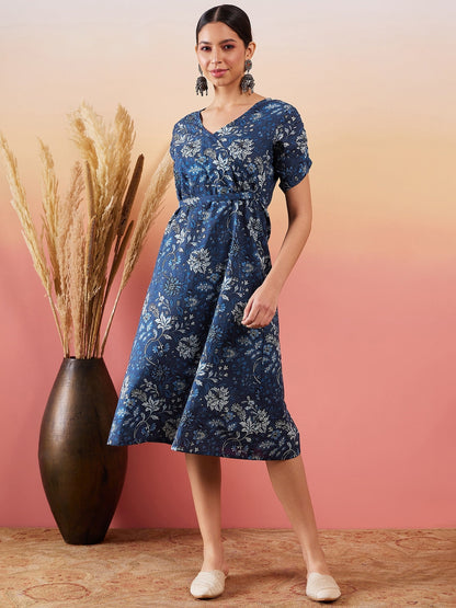 InWeave Indigo Floral Print Angrakha V Neck Belted A Line Dress