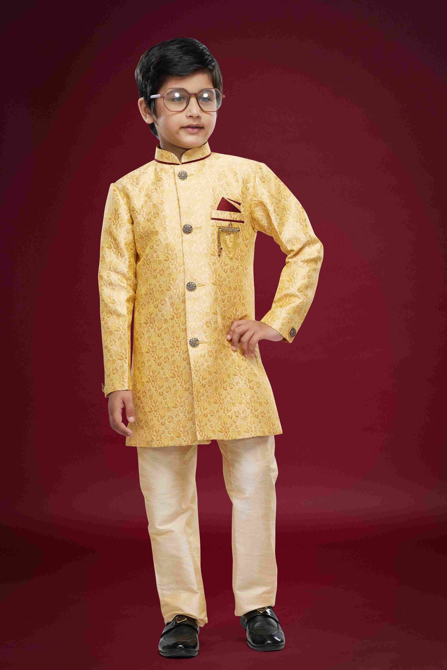 Raivat Ethnic Kids Banarasi Jacquard Woven Work Semi Indo Western Set Gold Colour