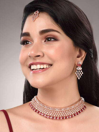 Saraf RS Jewellery Rose Gold-Polished & Red AD & CZ-Studded Contemporary Jewellery Set