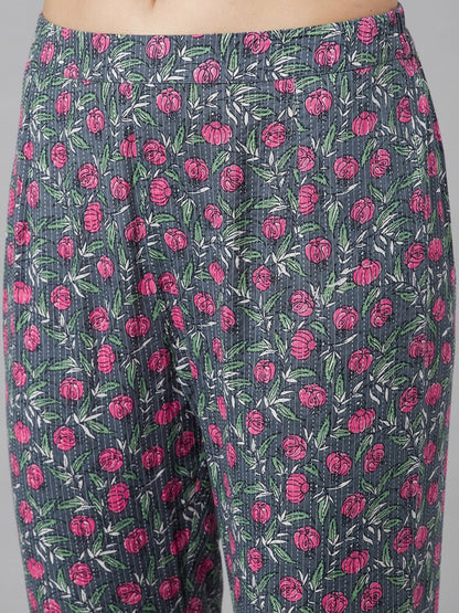 Aks Floral Printed Mandarin Collar Regular Pure Cotton Kurta With Trousers