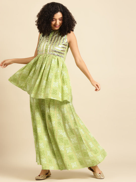 Anayna Women Green & White Bandhani Printed Kurta with Palazzos