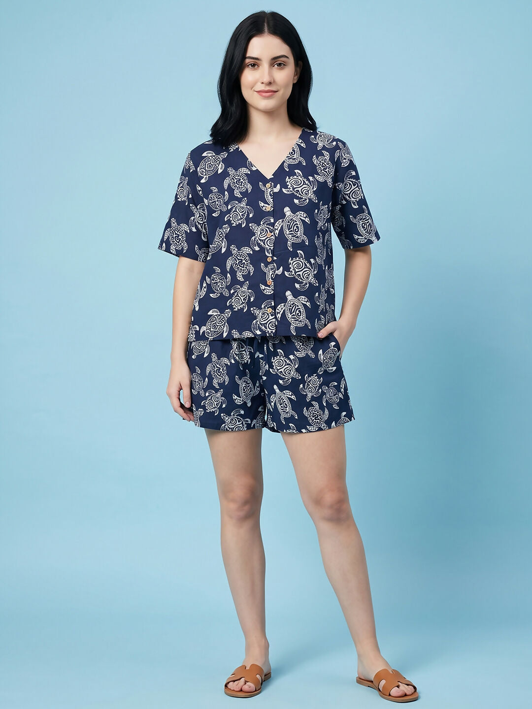 Breathables Woven Cotton Half Sleeves Turtle Shorts Set Blue