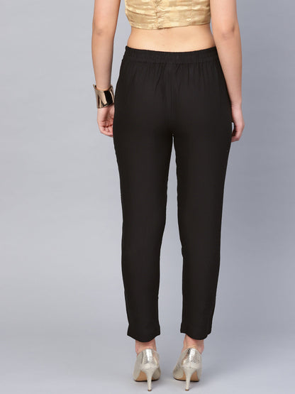 Juniper Women Black Cotton Flex Solid Slim Fit Pant/Slim Pant