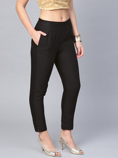 Juniper Women Black Cotton Flex Solid Slim Fit Pant/Slim Pant